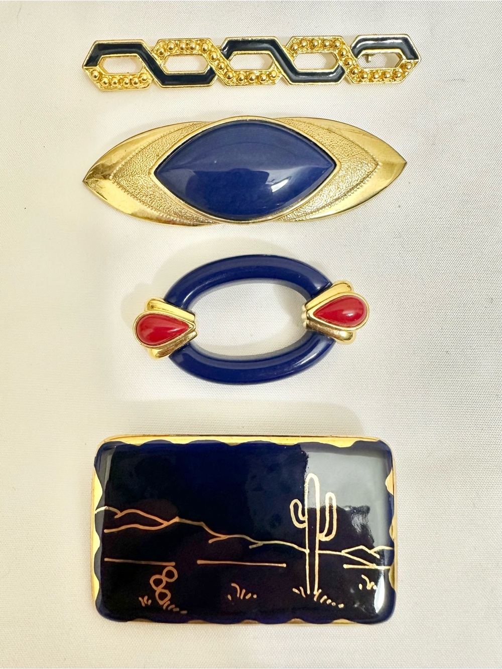 Elegant Vintage Gold & Navy Enamel Brooch Lot